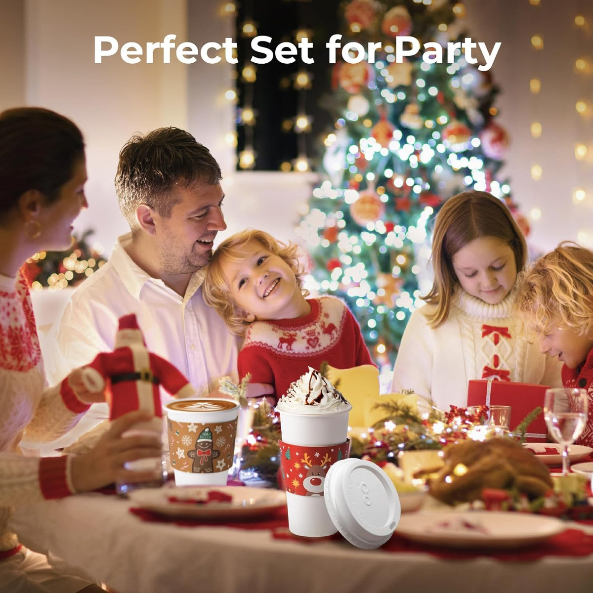 Fit Meal Prep 50 Pack 16 oz Christmas Disposable Coffee Cups with Lids, Sleeves, Leak-Proof To Go Coffee Cups with Lids, Durable Holiday Hot Paper Cups for Home, Office, Party, Business