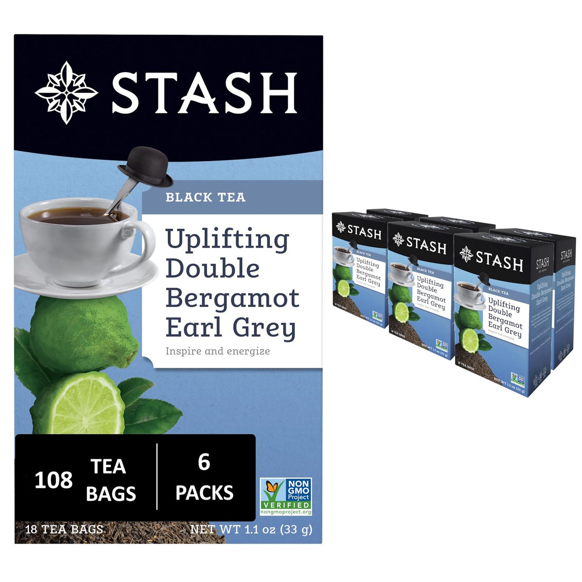 Stash Tea Double Bergamot Earl Grey Black Tea - Caffeinated, Non-GMO Project Verified Premium Tea with No Artificial Ingredients, 18 Count (Pack of 6) - 108 Bags Total