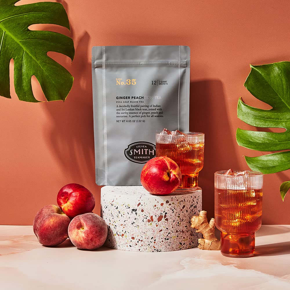 Steven Smith Teamaker Ginger Peach Iced Tea No. 35 Refreshing, Caffeinated, Sugar-Free, Sustainably Grown, Full Leaf Black Iced Tea Bags, 10 Count, 1 Quart Sachets