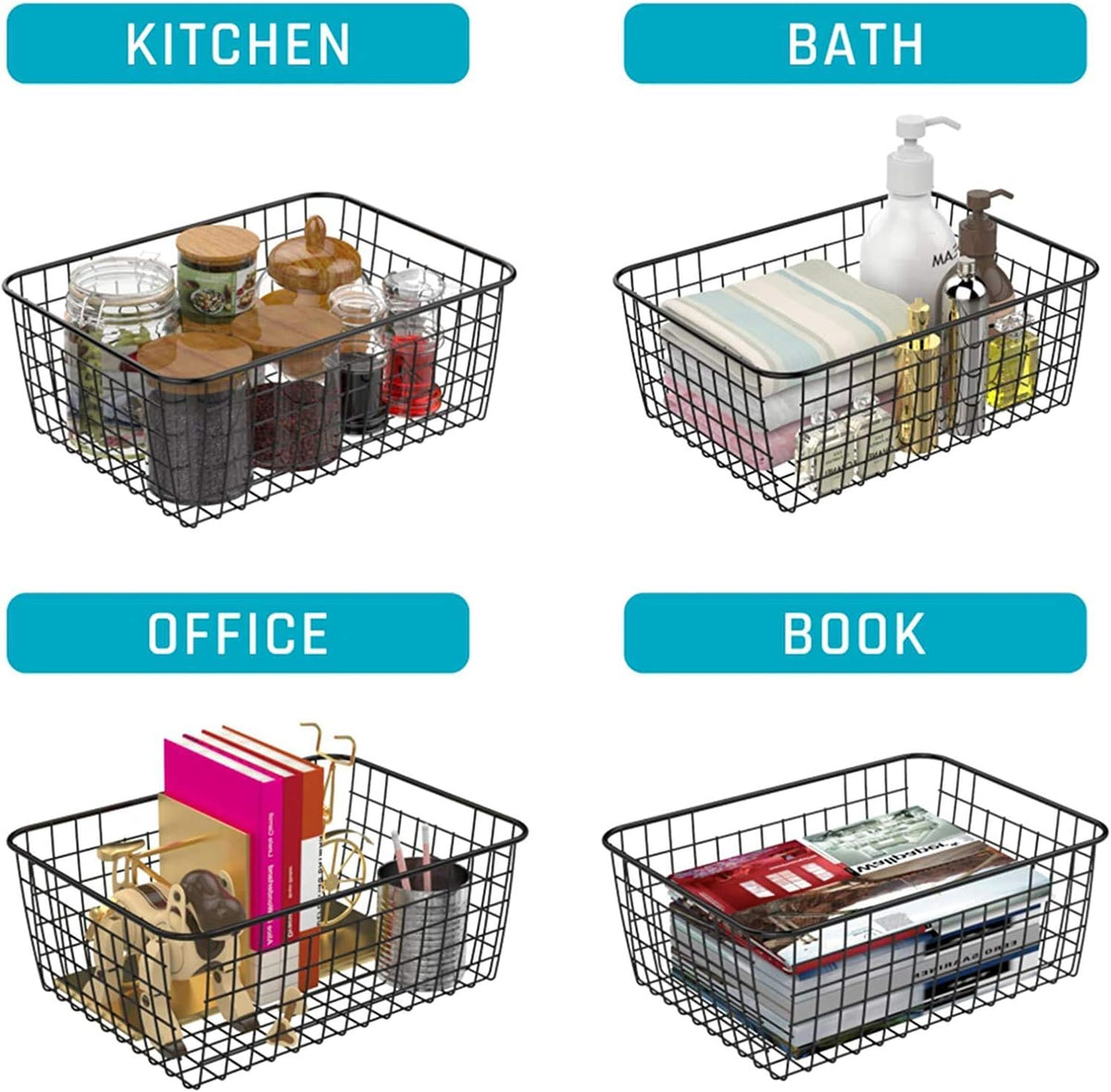 Metal Wire Basket Food Storage Organizer with Wooden Handles for Organizing Kitchen Cabinets, 4 Packs-Black-large