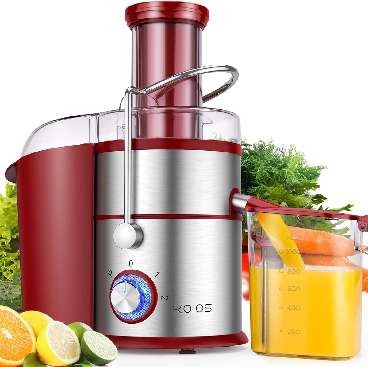 1300W KOIOS Centrifugal Juicer Machines, Juice Extractor with Extra Large 3inch Feed Chute, Full Copper Motor, Titanium-Plated Filter, High Juice Yield, 3 Speeds Mode, Brush included, Non-BPA, Red