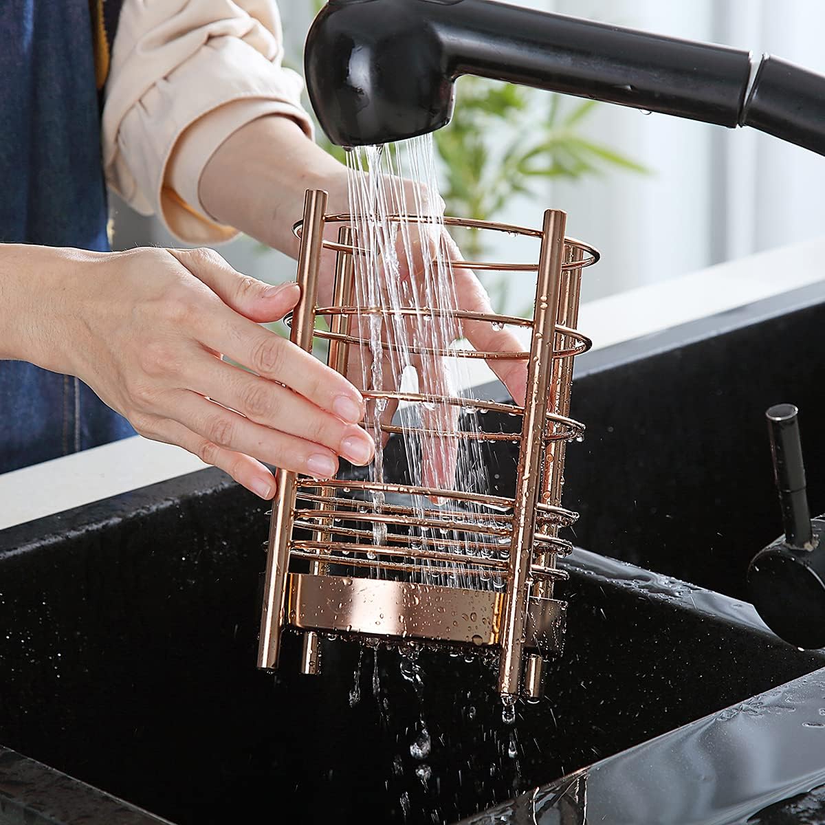 Copper Kitchen Utensil Holder for Kitchen Counter, Stainless Steel Utensil Crocks, Titanium Coating Utensil Storage Caddy Organizer, Cooking Utensil Holder, Easy Cleaning (Rose Gold/7.4''x5.2'')