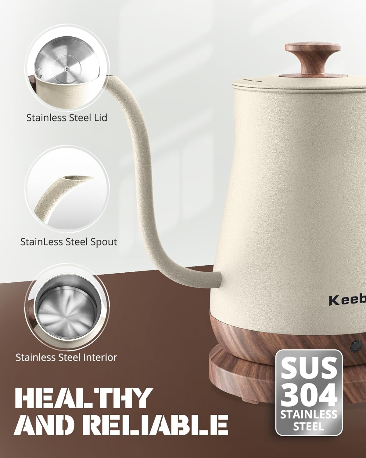 Gooseneck Electric Kettle Beige, 1000W Electric Tea Kettle Stainless Steel, Pour Over kettle for Coffee, Wood-like Grain Finish Handle, Hot Water Kettle, Auto Shut Off, 0.8L, Beige