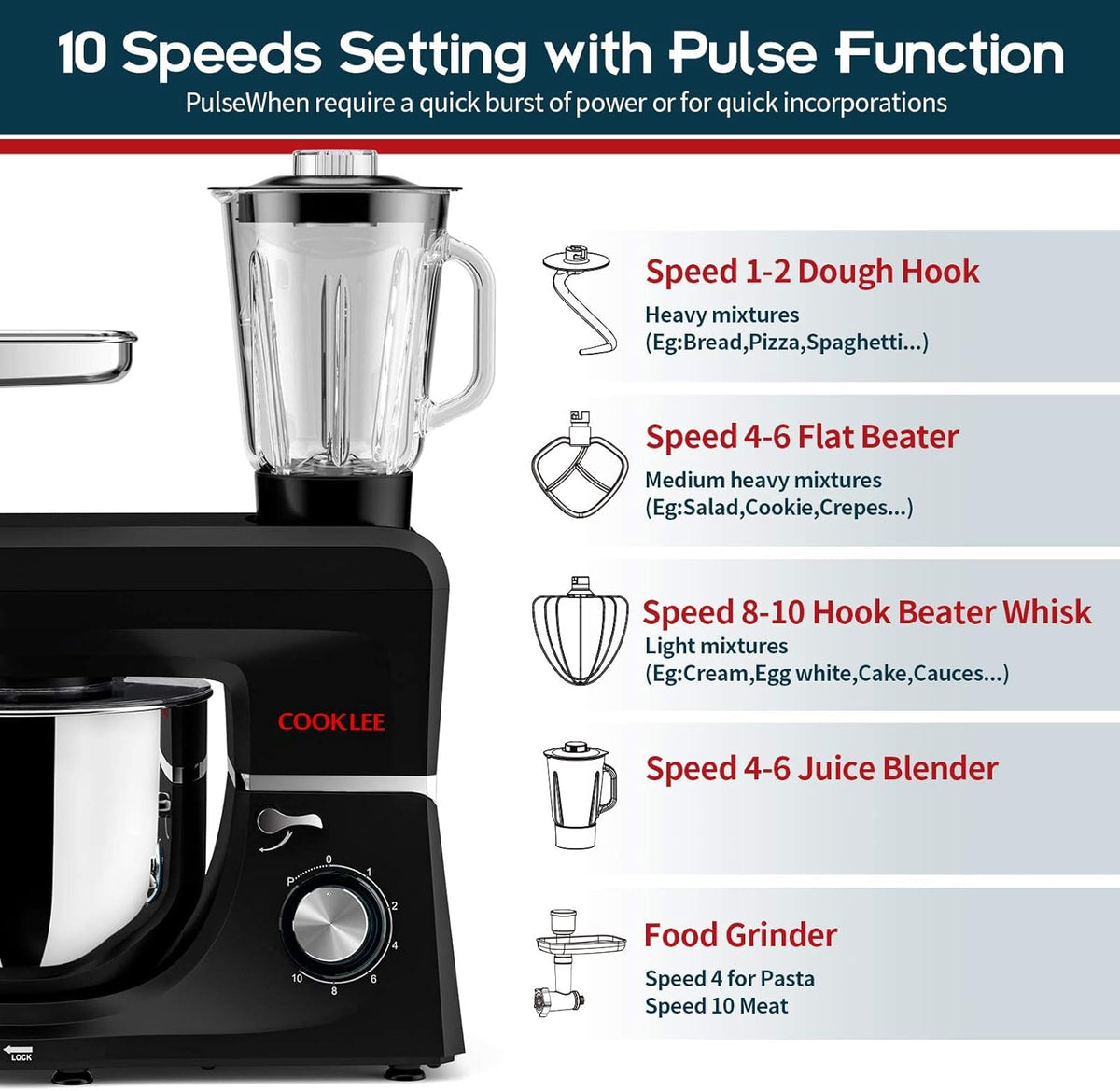 COOKLEE 6-IN-1 Stand Mixer, 8.5 Qt. Multifunctional Electric Kitchen Mixer with 9 Accessories for Most Home Cooks, SM-1507BM (Black)