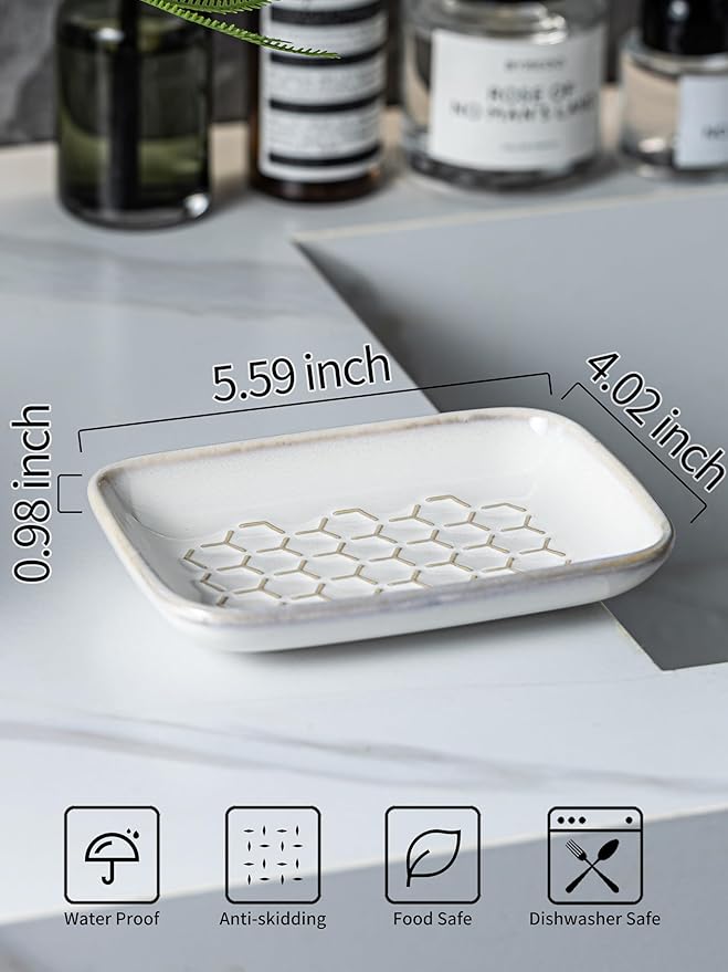 Gomakren Soap Dish for Shower, Bar Soap Holder, Ceramic Soap Dishes for Bar Soap, Sponge Holder Soap Saver Soap Tray for Bathroom Kitchen Sink, 5.5 Inch, Beige