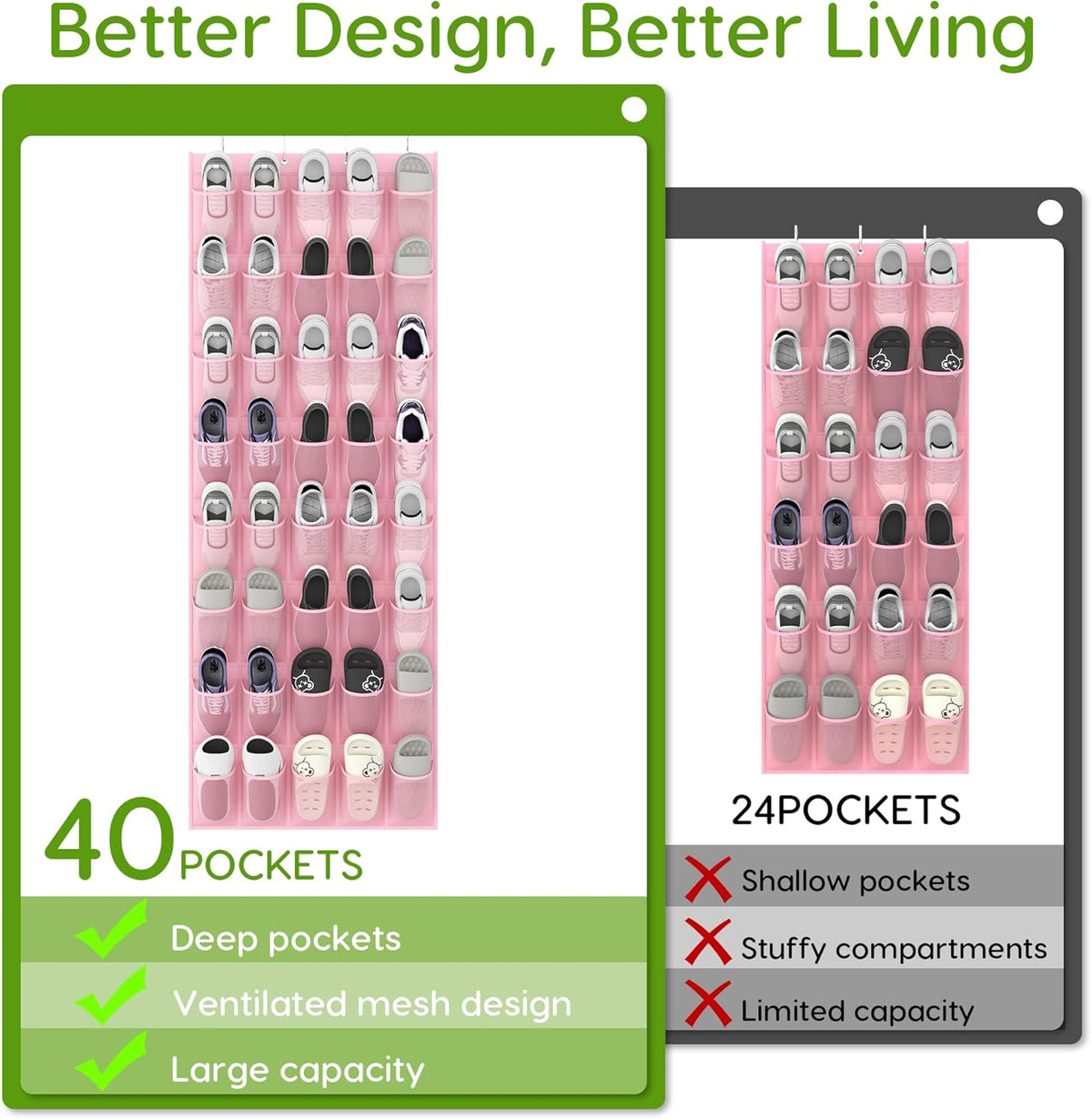 Unjumbly Over the Door Shoe Organizer with 40 Large Breathable Mesh Pockets, Space Saving Shoe Holder, Hanging Shoe Rack for Entryway Bedroom Closet Storage (Pink, 40 Pockets)