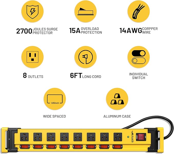 Plug'n 2 Packs 8 Outlet 2700J Surge Protector Power Strip with Individual Switches,Heavy Duty Garage Power Strip with Cord Manager,Flat Plug,6FT/14AWG Power Cord for Workshop,Shop,Home,Kitchen