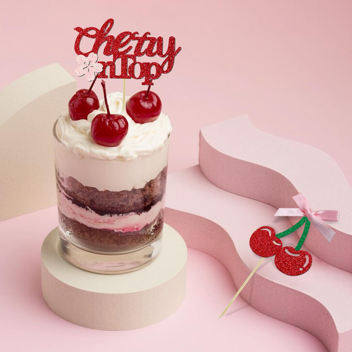 24 Pack She's the Cherry On Top Cupcake Toppers, Glitter Cherry Sweet Cake Pick for Fruits Theme Baby Shower and Bridal Shower Decorations Supplies (Ribbon Top)