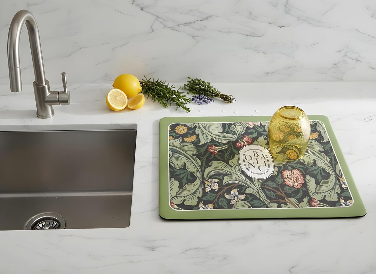 Dish Drying Mat Super Absorbent – 16" x 18" Coffee Mat for Countertops – Non-Slip Drying Mat for Kitchen Counter – Easy to Clean Water Absorbent Mat – Quick Dry Dish Mats (Green Flowers)