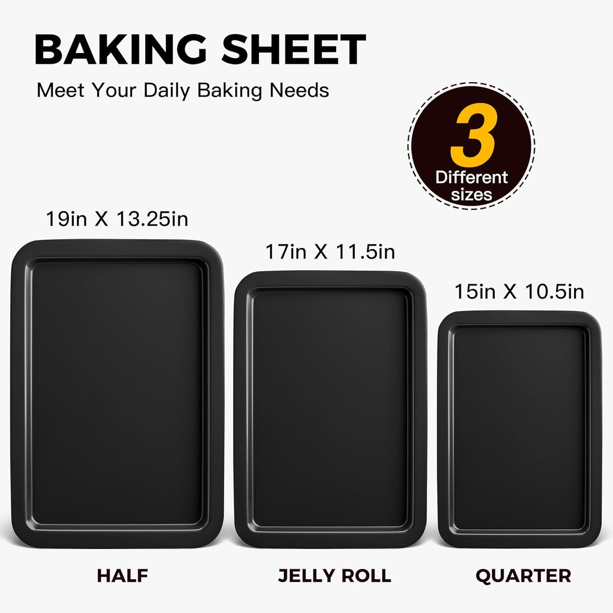 HONGBAKE XL Large Baking Sheet Set-19x13.25 in, Large Cookie Sheet Pan, Nonstick Oven Tray with Wider Grips, 3 Pack Bakeware, Dishwasher Safe - Dark Grey