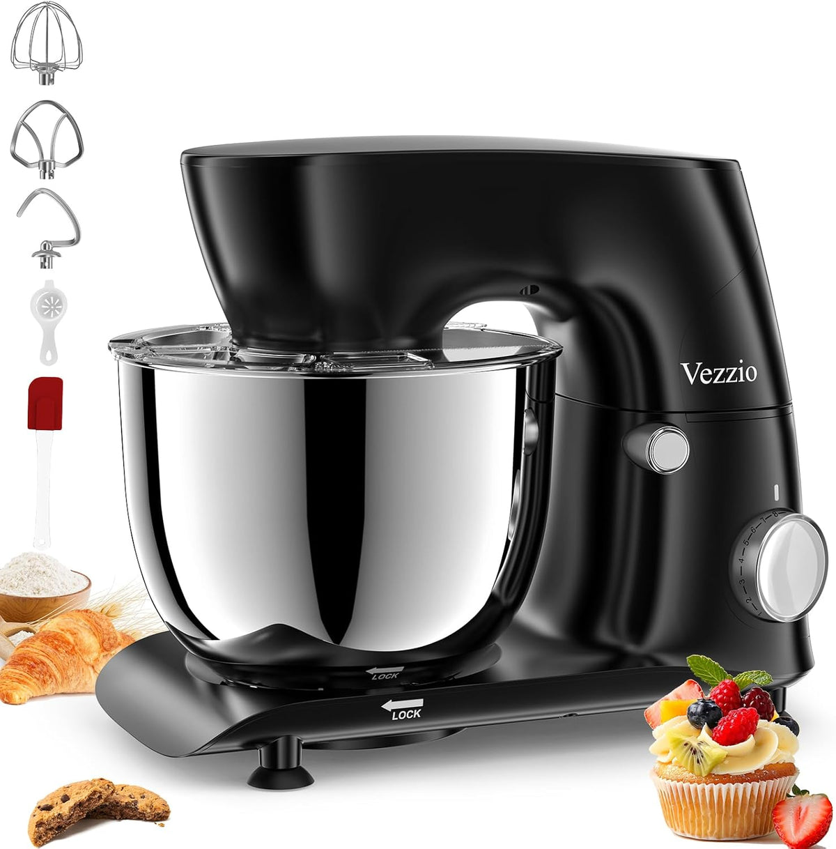 Vezzio Stand Mixer,6 Quarts,10-Speed Tilt-Head,Kitchen Food Mixer with Stainless Steel Bowl,Dough Hook,Whisk, Beater,Egg White Separator (Black)