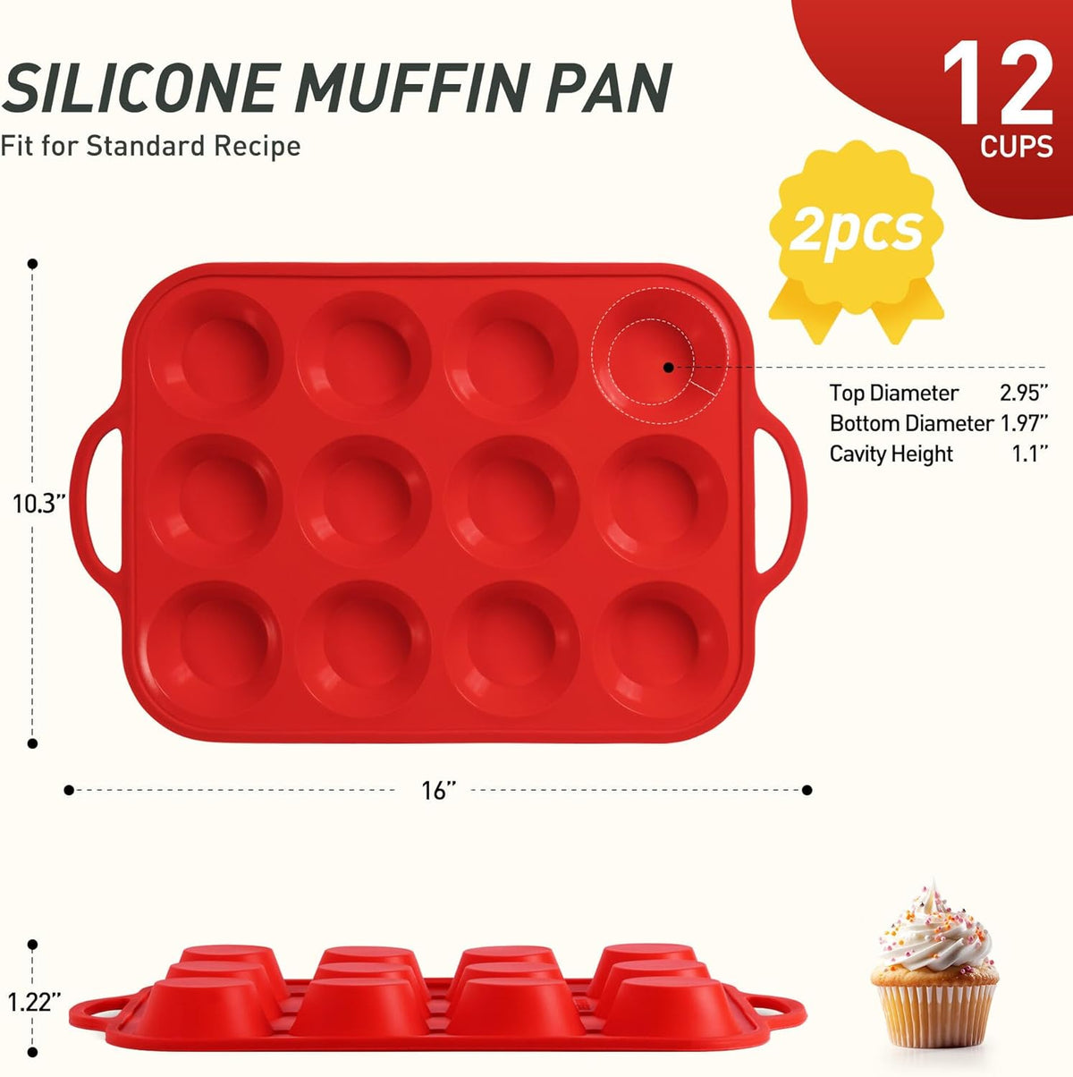 2 Packs 12 Cups Silicone Muffin Pan with Metal Reinforced Frame Regular Size Cupcake Pan Tray Silicone Molds Muffin Tin Tart Pans Moldes Para Gelatinas De Figuras Grandes Individuales Hornear Pasteles
