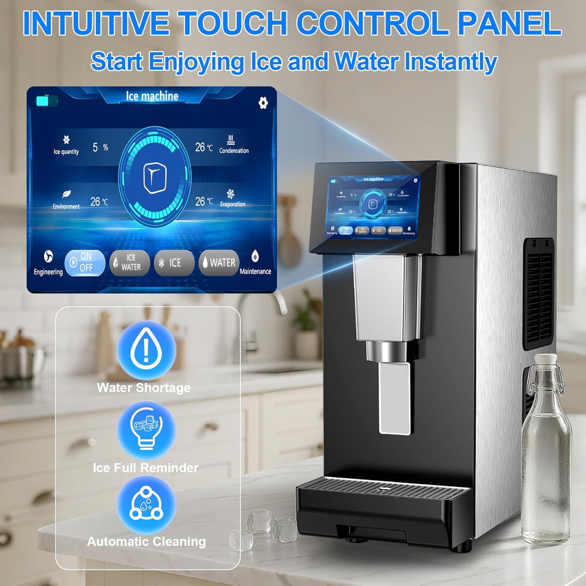 Undercounter Nugget Ice Maker with Water Dispenser – 60 lbs/Day, 10 lbs Bin, Soft Chewable Ice Machine, Self-Cleaning Stainless Steel Ice Machine Maker for Home, Bar, Kitchen, Office