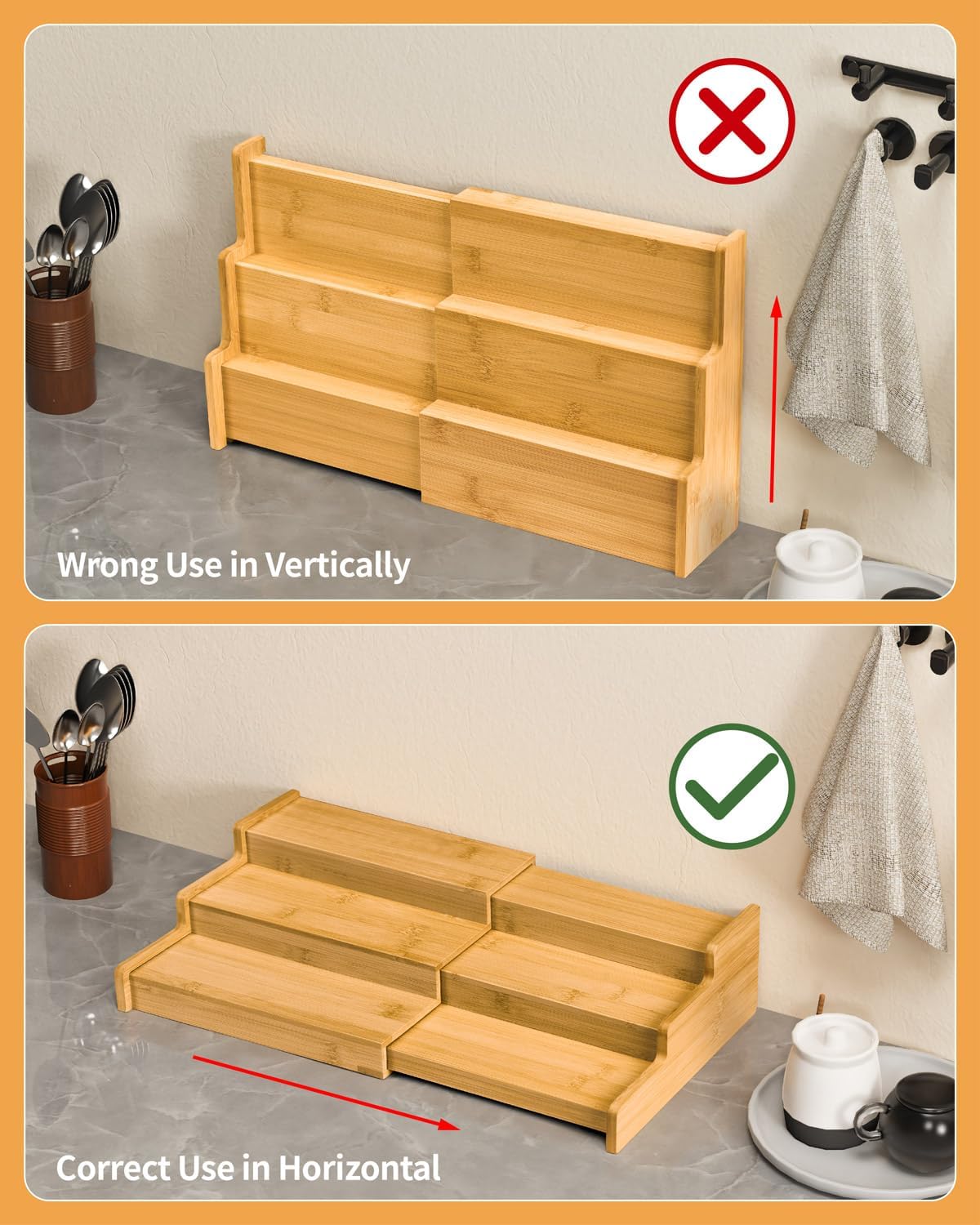 Spice Rack Organizer, 3 Tier Expandable Bamboo Spice Rack Organizer, Great for Kitchen Cabinet, Cupboard, Pantry and More-Bamboo(2pack)