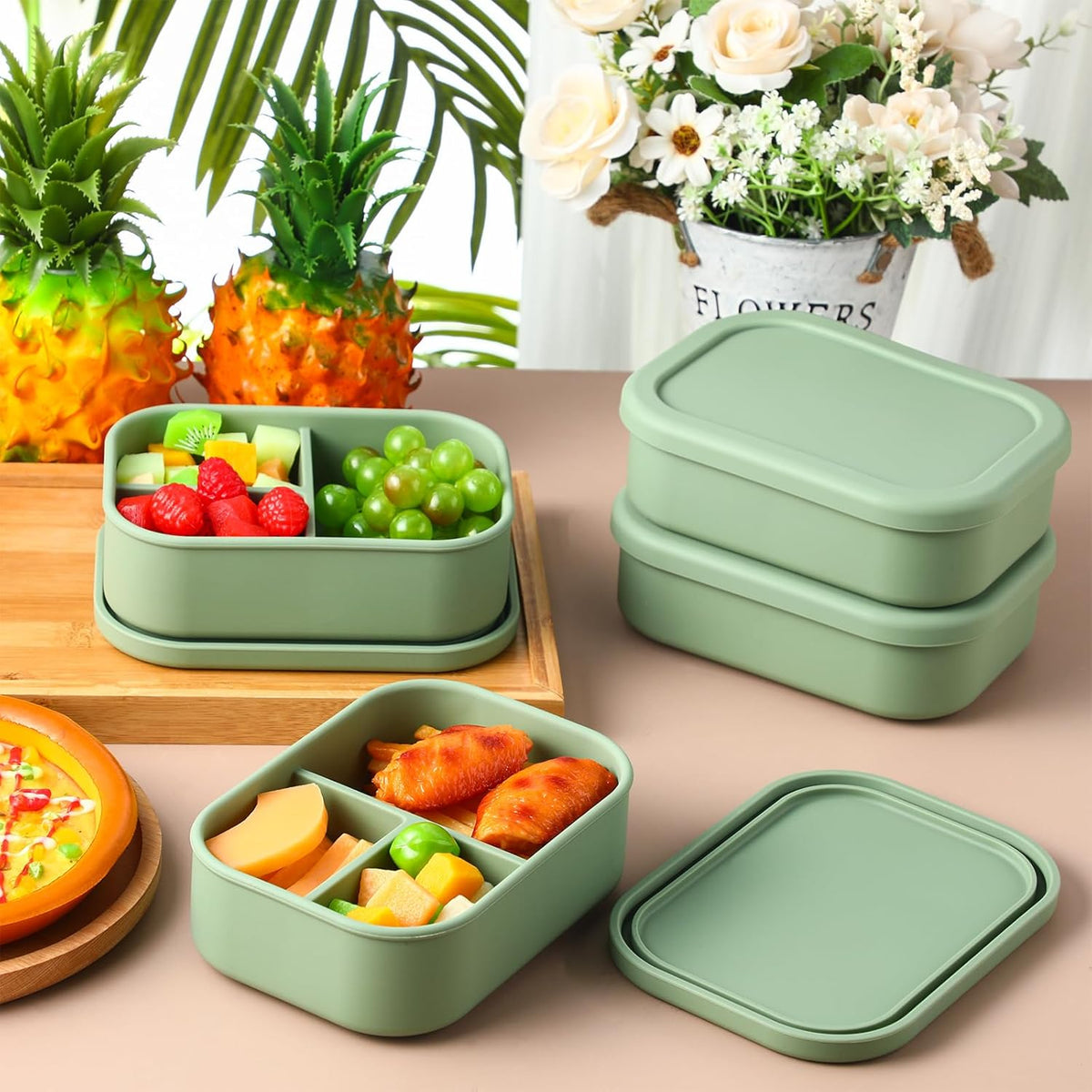 Honeydak 4 Pcs Silicone Bento Lunch Box 3 Compartment Reusable Leakproof Silicone Bento Lunch Container for Adults Microwave Dishwasher Freezer Safe(Olive Green)