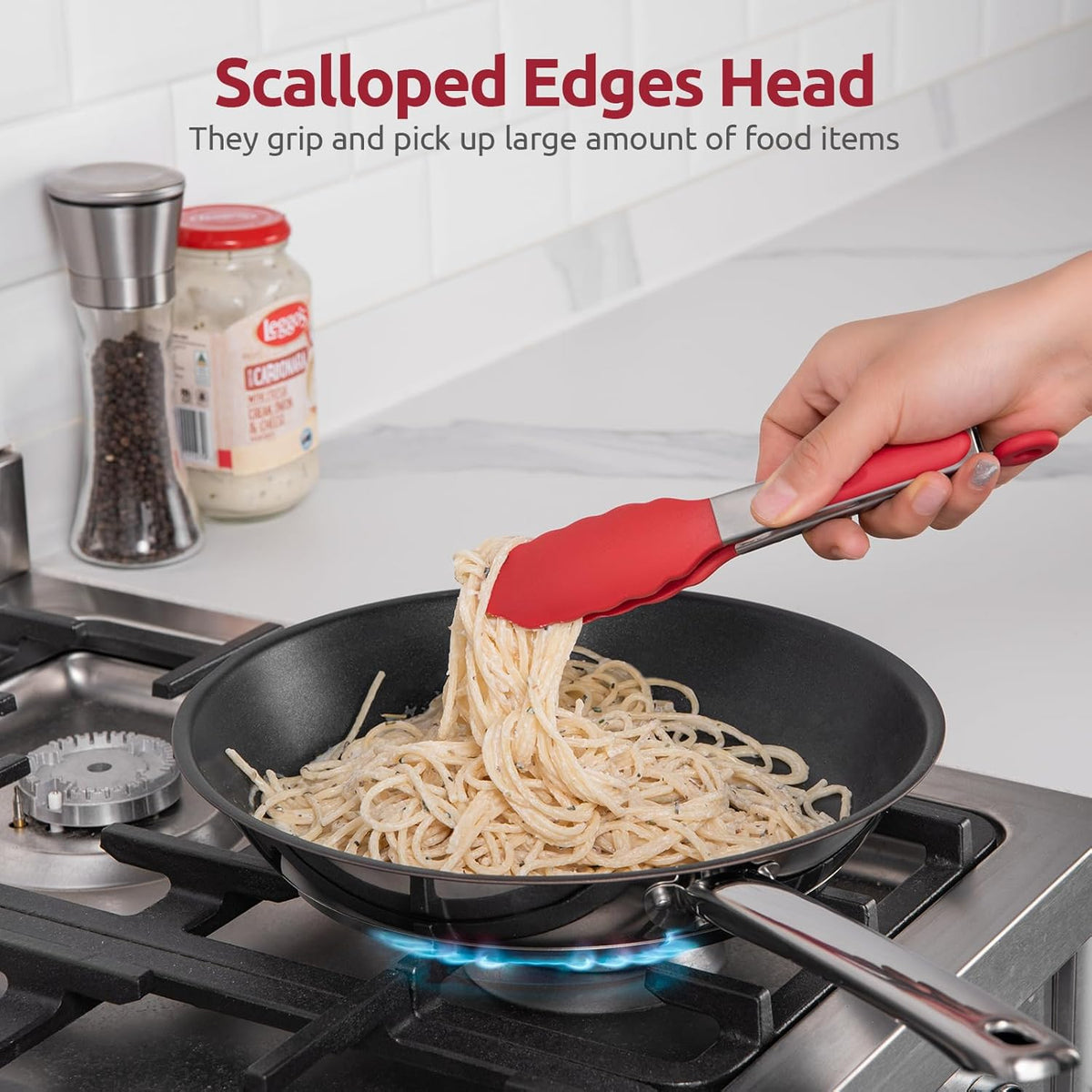 600ºF Heat Resistant Kitchen Tong: U-Taste 7 inch Silicone Cooking Tong with Firm Sealed Non Stick Rubber Tips & Silicon Coated 18/8 Stainless Steel Handle & Smooth Locking for Serving Salad (Red)