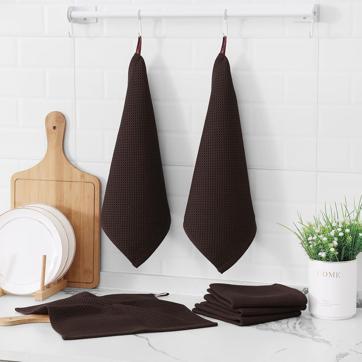 Kitinjoy 100% Cotton Kitchen Dish Cloths, 6 Pack Waffle Weave Ultra Soft Absorbent Dish Towels for Drying Dishes Quick Drying Kitchen Towels Dish Rags, 12 X 12 Inches, Dark Brown