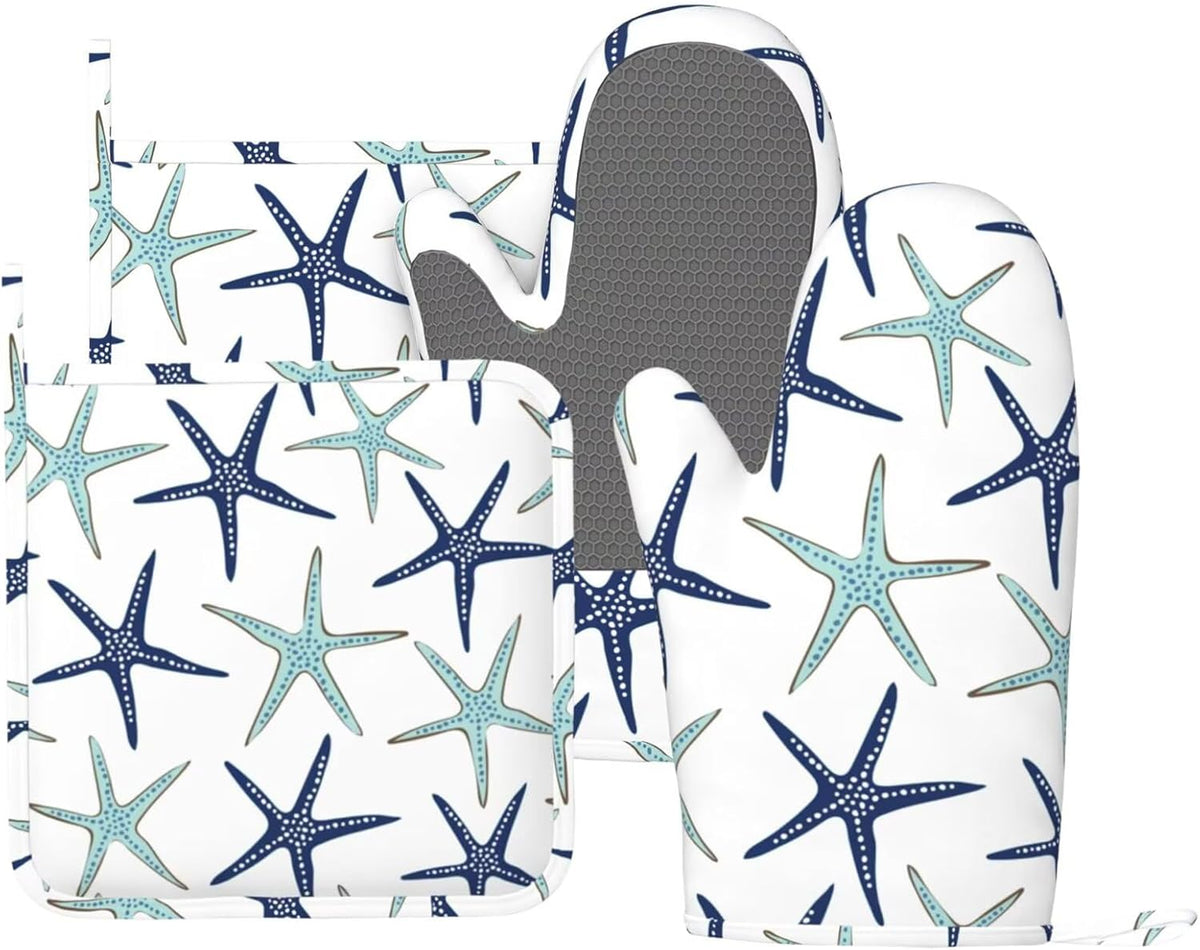 Sea Stars Oven Mitts and Pot Holders Set of 4 Silicone Navy Blue Turquoise Coastal Sea Stars Kitchen Mitten Gloves and Non-Slip Potholders Set Heat Resistant Oven Gloves Hot Holders for BBQ