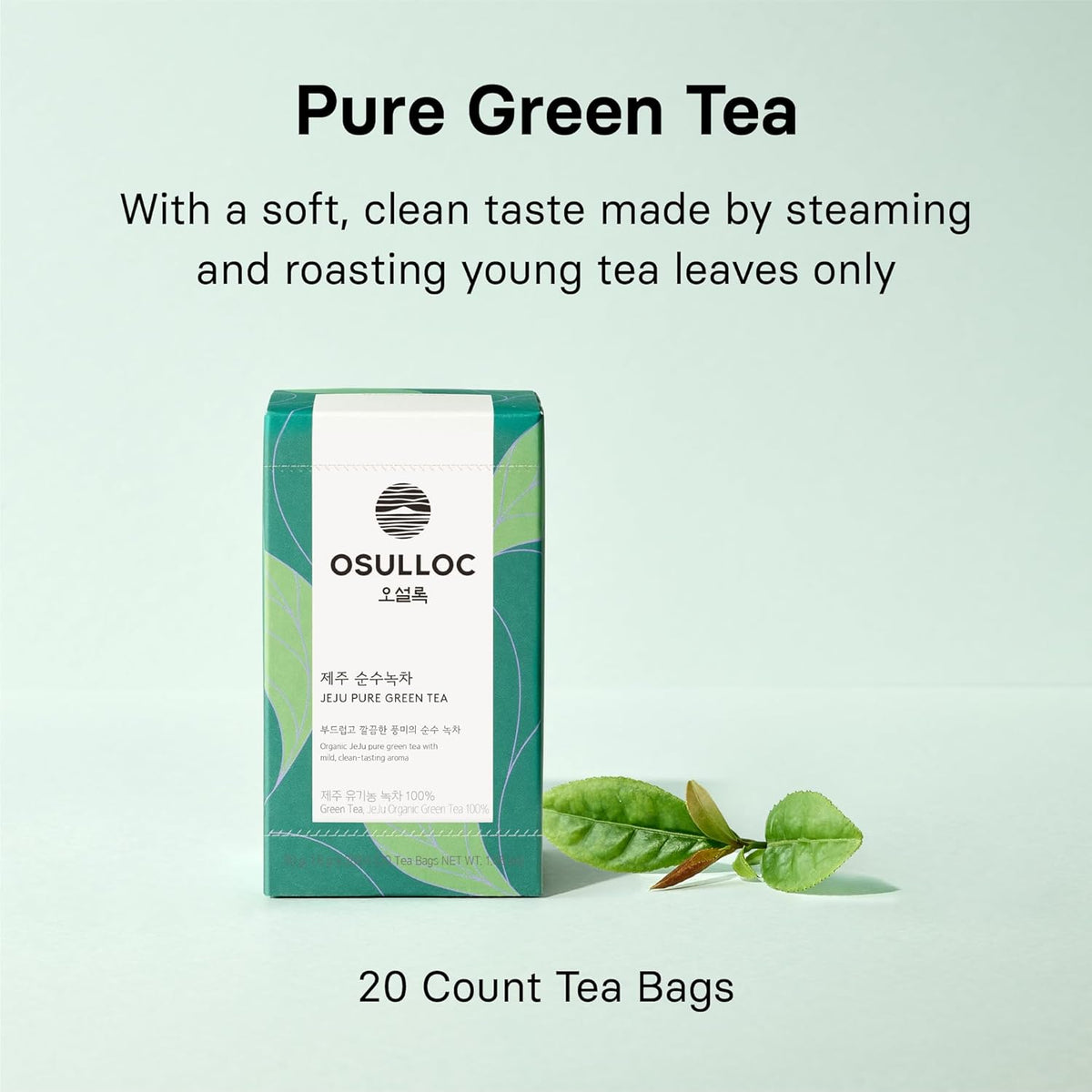 OSULLOC Pure Green Tea (Mild, Clean tasting Aroma), USDA Organic, Premium Blended Tea from Jeju, Tea Bag Series 20 count