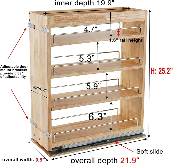 DINDON Pull Out Spice Rack Cabinet Organizer, (8" W x 21.9" D x 25.2" H) Multi-Use Soild Wood Pull Out Cabinet Organizer Slide Out Shelf Sliding Base Cabinet Storage Organization