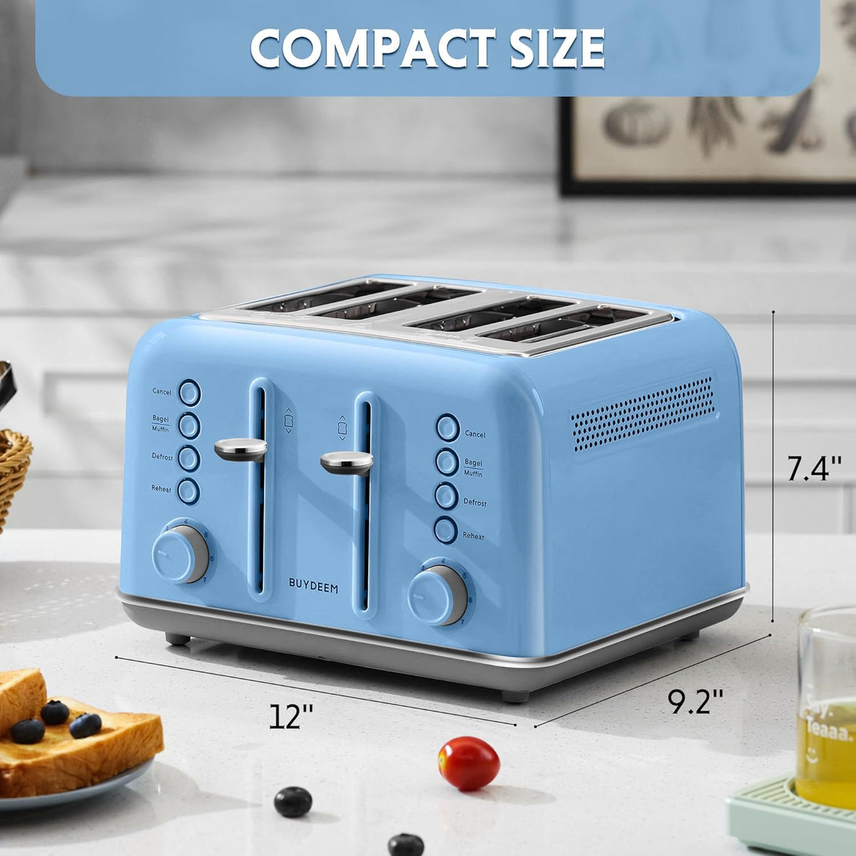 BUYDEEM DT640 4-Slice Toaster, Extra Wide Slots, Retro Stainless Steel with High Lift Lever, Bagel and Muffin Function, Removal Crumb Tray, 7-Shade Settings,Blue