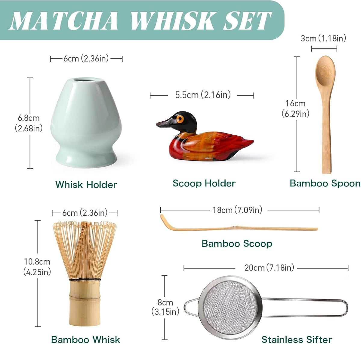 Matcha Whisk Set,MatchaSet with Bamboo Matcha Whisk and Ceramic Holder, Bamboo Scoop+Wooden Spoon,Scoop Holder,Sifter-Complete Matcha Tea Set,6 Pcs Matcha Kit,Tools for Matchas Ceremonial Grade Kit