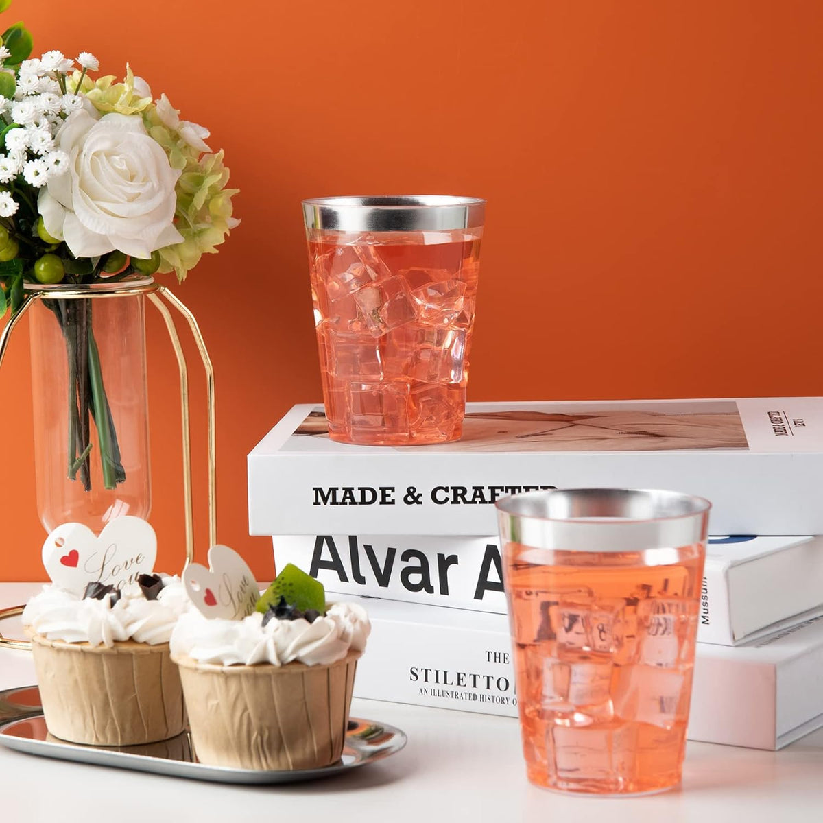 I00000 200pcs Silver Disposable Plastic Cups 10 oz Clear Old Fashioned Tumblers With Silver Rim - Fancy Wedding Party Cups, Elegant Wine Glasses, Cocktail Tumblers