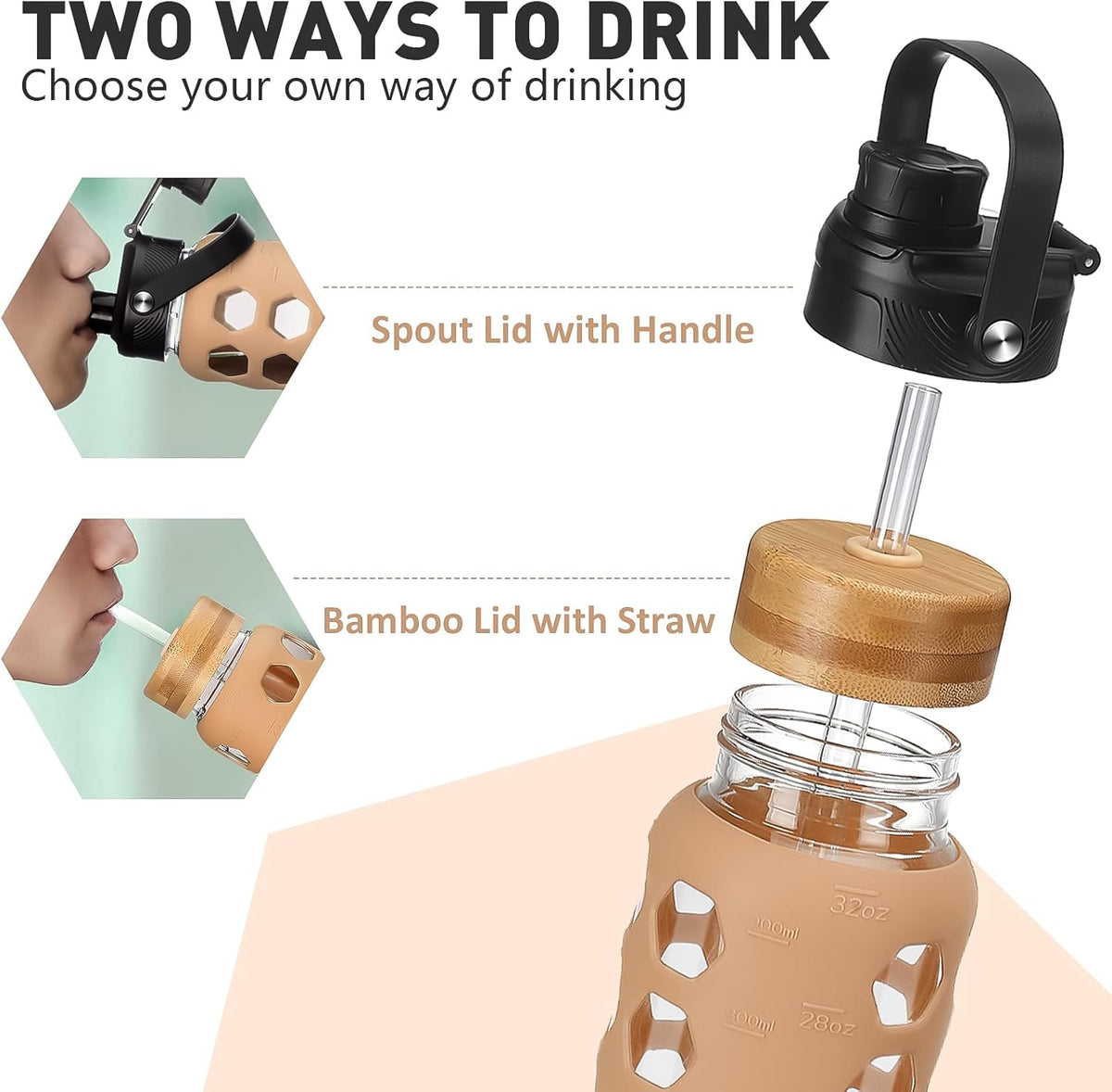 MUKOKO Glass Water Bottles, 24oz Glass Tumbler with Straw, Drinking Bottles with 2 Lids-Handle Spout Lid&Bamboo Straw Lid, Motivational Water Bottle with Time Marker and Silicone Sleeve, 1 Pack-Amber