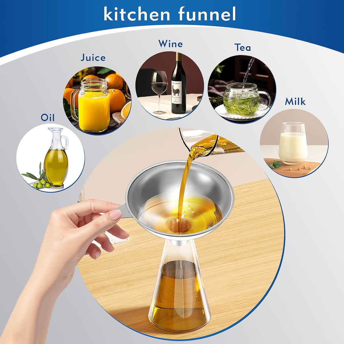 Stainless Steel Funnel with 30 Mesh Filter Food Grade Metal Funnel for Kitchen, Liquids, Oil, Powder, Wide Mouth Bottles, Home Brewing