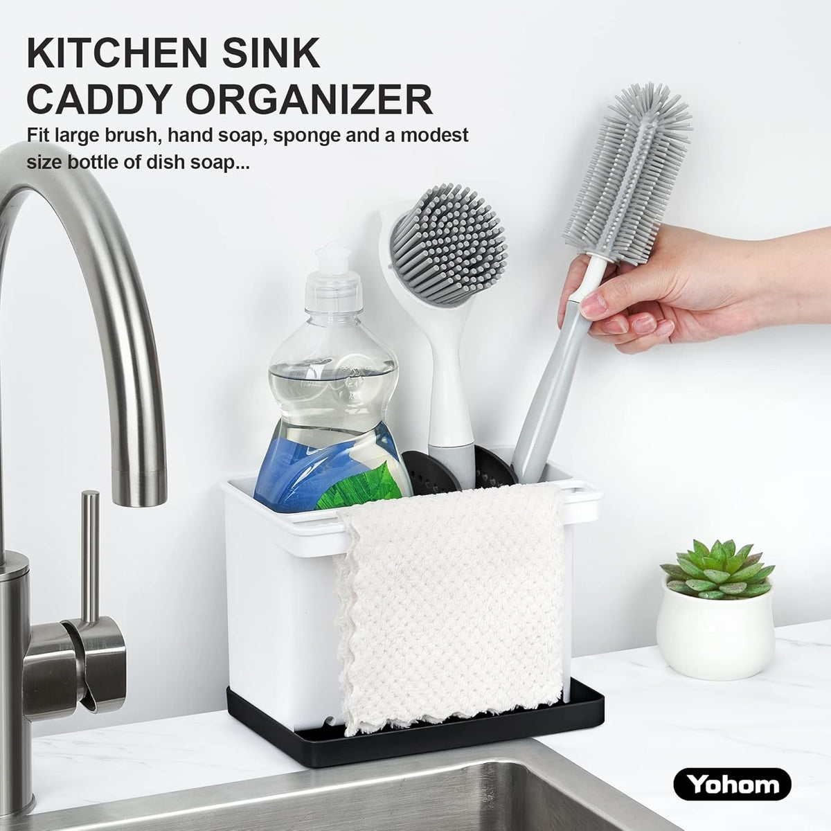 YOHOM Kitchen Sponge Brush Holder for Sink Black Dish Sponge Caddy Countertop Organizer Plastic Scrub Brush Holder with Dividers