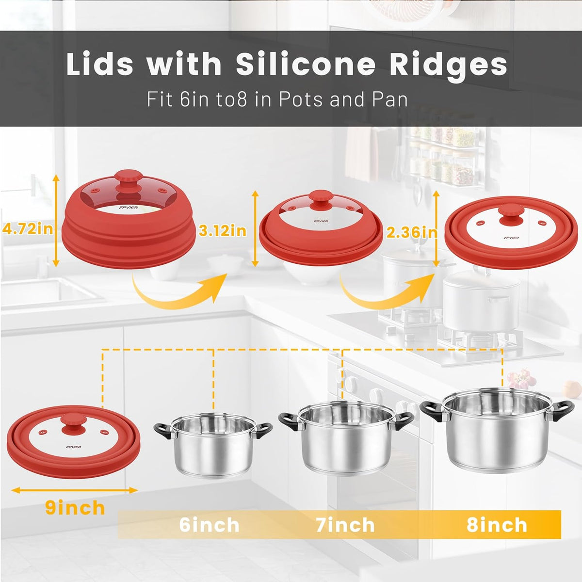 Collapsible Microwave Splatter Cover - Vented Silicone & Glass Lid with Easy-Grip Handle, Fits 6 to 8 Inch Plates & Bowls, 9 Inch Diameter, Prevents Splatters & Ensures Even Heating
