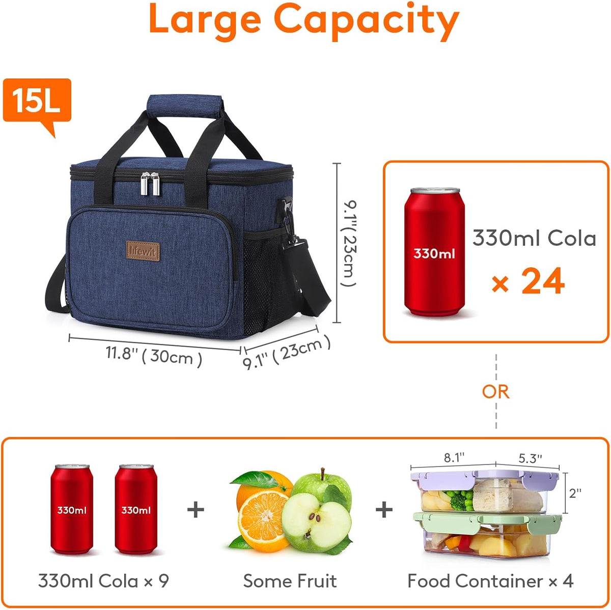 Lifewit Large Lunch Bag Insulated Lunch Box Soft Cooler Cooling Tote for Adult Men Women, Dark Blue 24-Can (15L), 11.8" × 9.1" × 9.1"