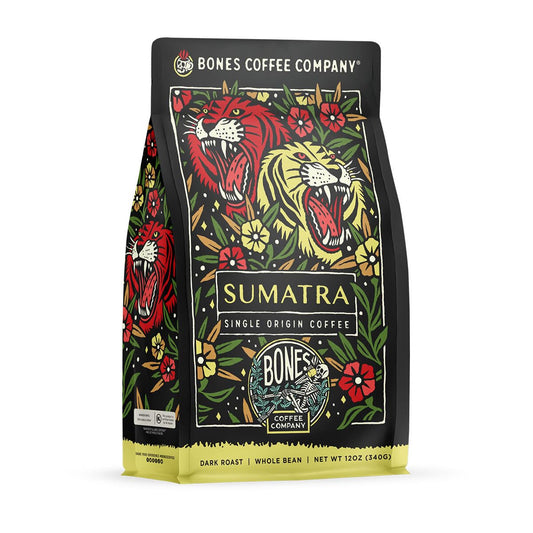 Bones Coffee Company Sumatra Single-Origin, Dark Chocolate, Smoky Earthy Notes, Whole Coffee Beans, Low Acid Darl Roast Arabica Beans Flavored Coffee, 12 oz Whole Bean