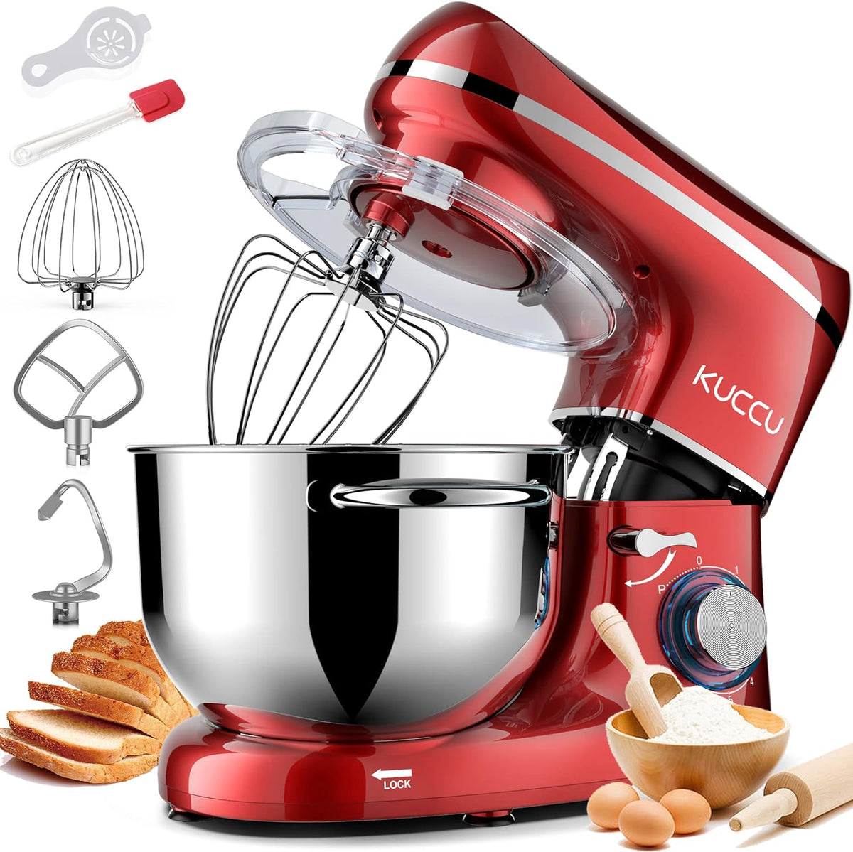 Stand Food Mixer, 6.5 Qt 660W, 6-Speed Tilt-Head , Kitchen Electric Mixer with Stainless Steel Bowl,Dough Hook,Whisk, Beater, Egg white separator (6.5-QT, Red)