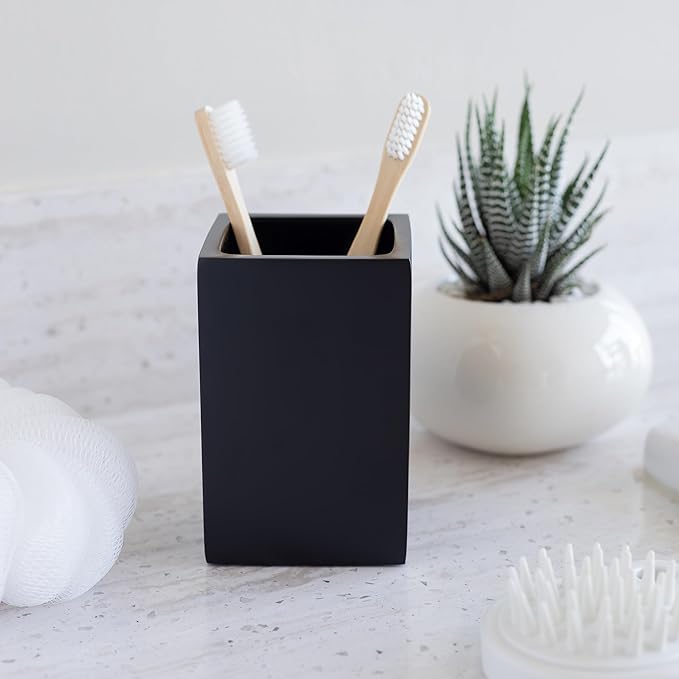 Matte Black Toothbrush and Toothpaste Holder for Bathroom Vanity and Countertop, Square Organizer for Electric Toothbrushes, Floss, Razors, Cotton, and Mouthwash