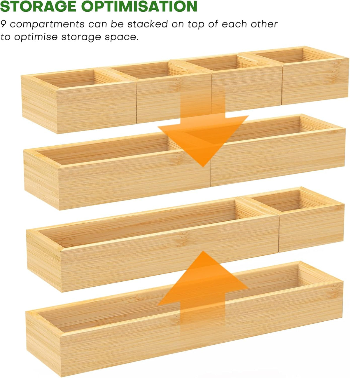 Bamboo Drawer Organizer Set, 9 PCS Multi-Use Individual Wood Storage Organizers, Junk Drawer Divider and Storage Trays Containers for Kitchen, Bathroom, Office Desk, Makeup, Jewelry, Utensils