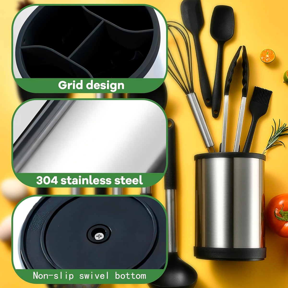 Kitchen Utensil Holder for Countertop, 360°Rotating Cooking Utensil Crocks，4 Compartment Stainless Steel Utensil Holder,6.7”Large Utensil Crock Spoon Fork Knife Holder For Kitchen Counter (khaki)