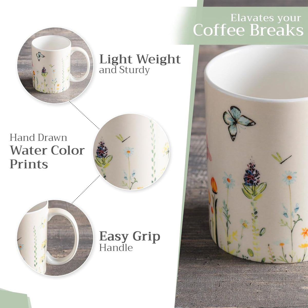 Maison d' Hermine Coffee Mug with Handles Fine Bone China Mugs Pack of One Tea Cups for Hot Beverages Cappuccino Latte Home Restaurant Office Perfect for Gift (Botanical Fresh - Meadow, 15 Ounce)