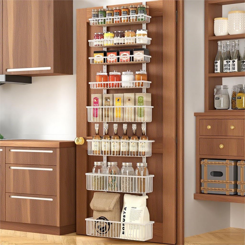 Moforoco White Over The Door Pantry Organizer, Pantry Organization and Storage, Metal Hanging Spice Rack Shelves Door, Seasoning Shelves, Laundry Room Organization, House and Kitchen Essentials