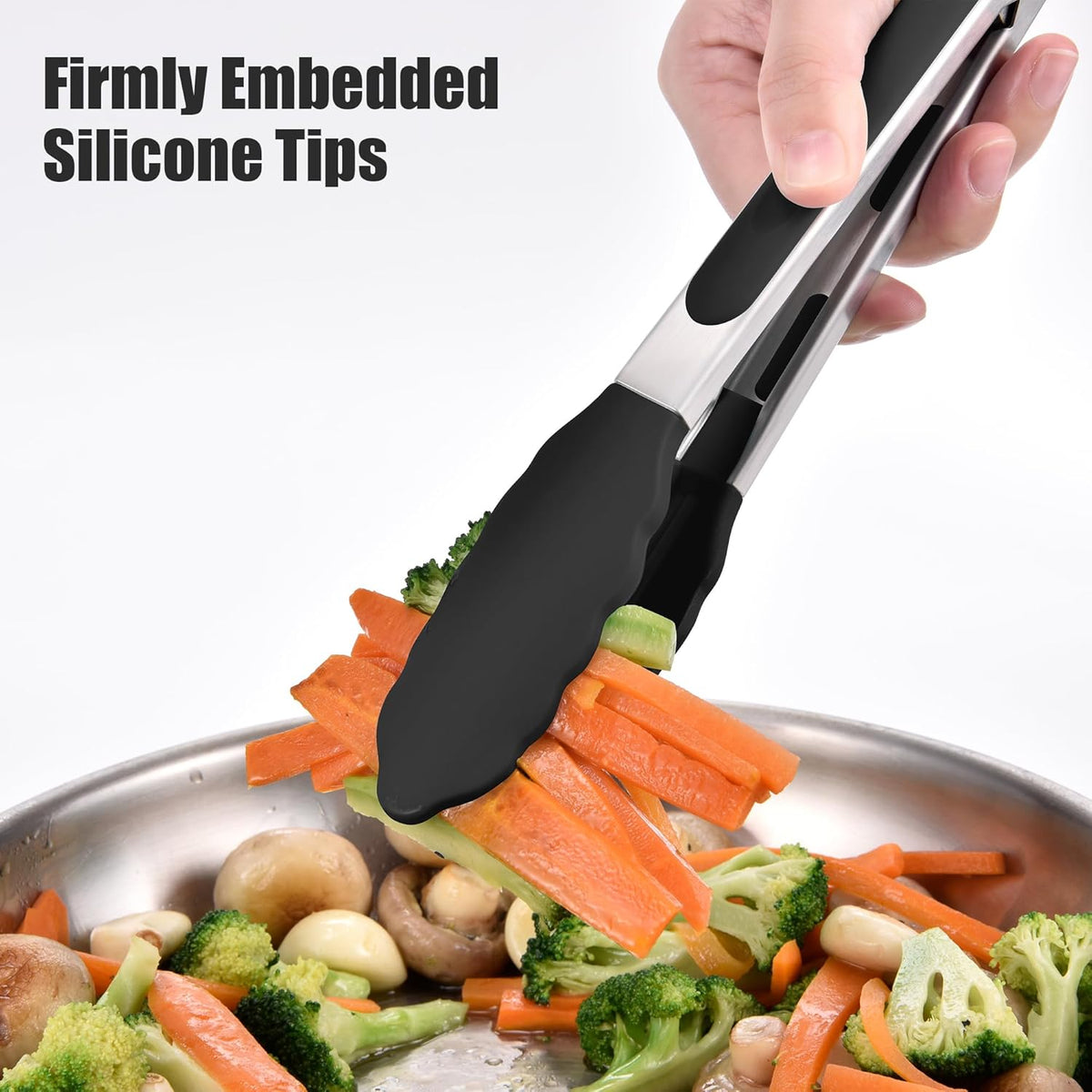 Doosu Kitchen Tongs for Cooking - 600°F Heat Resistant Food Tong with Non-Scratch Silicone Tips, Heavy Duty Stainless Steel Locking Tong for BBQ, Grilling Steak, Serving Salad, Pasta (9in, Black)