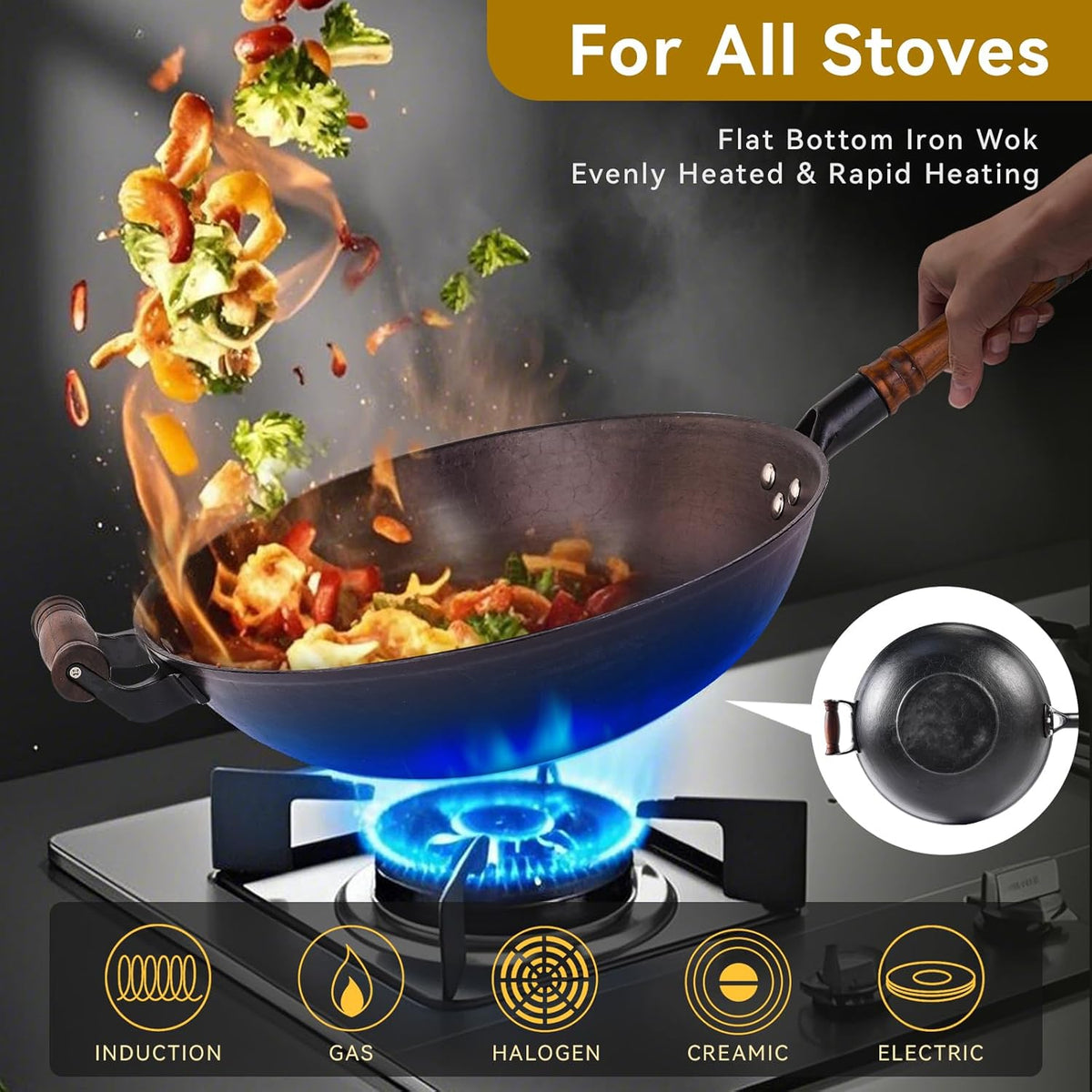 WANGYUANJI 14.2 Inch Cast Iron Wok with Glass Lid – Extra Large Flat Bottom Wok for Stir Fry, Steaming, Braising, Compatible with All Stovetops, Black
