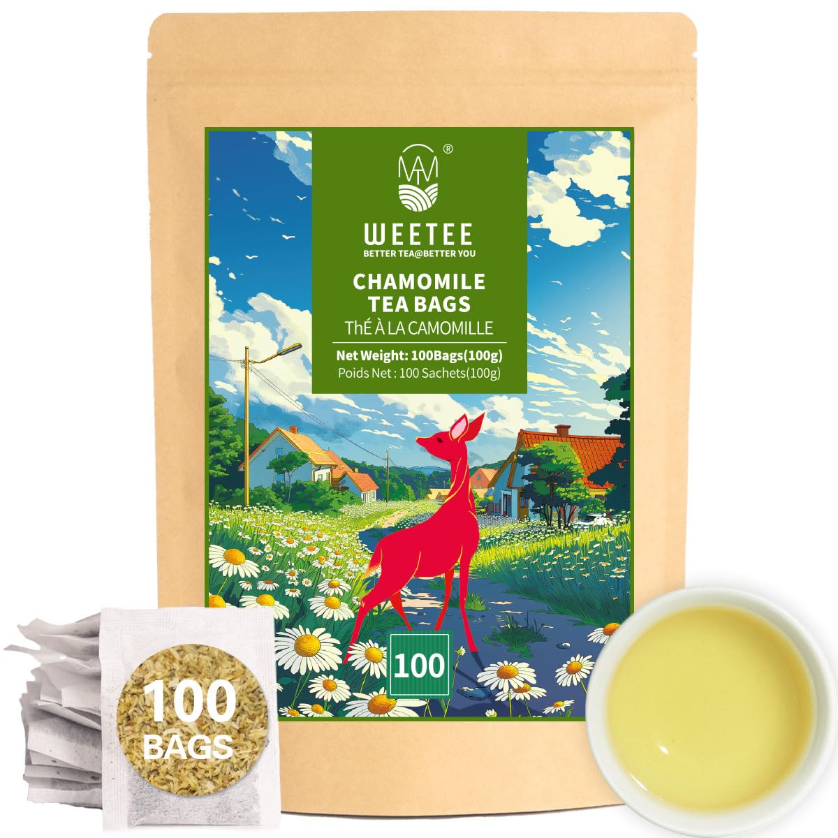 WT WEETEE Chamomile Tea bags, Made with 100% Pure Chamomile Flowers, Natural Caffeine-free Herbal Tea for Relaxation