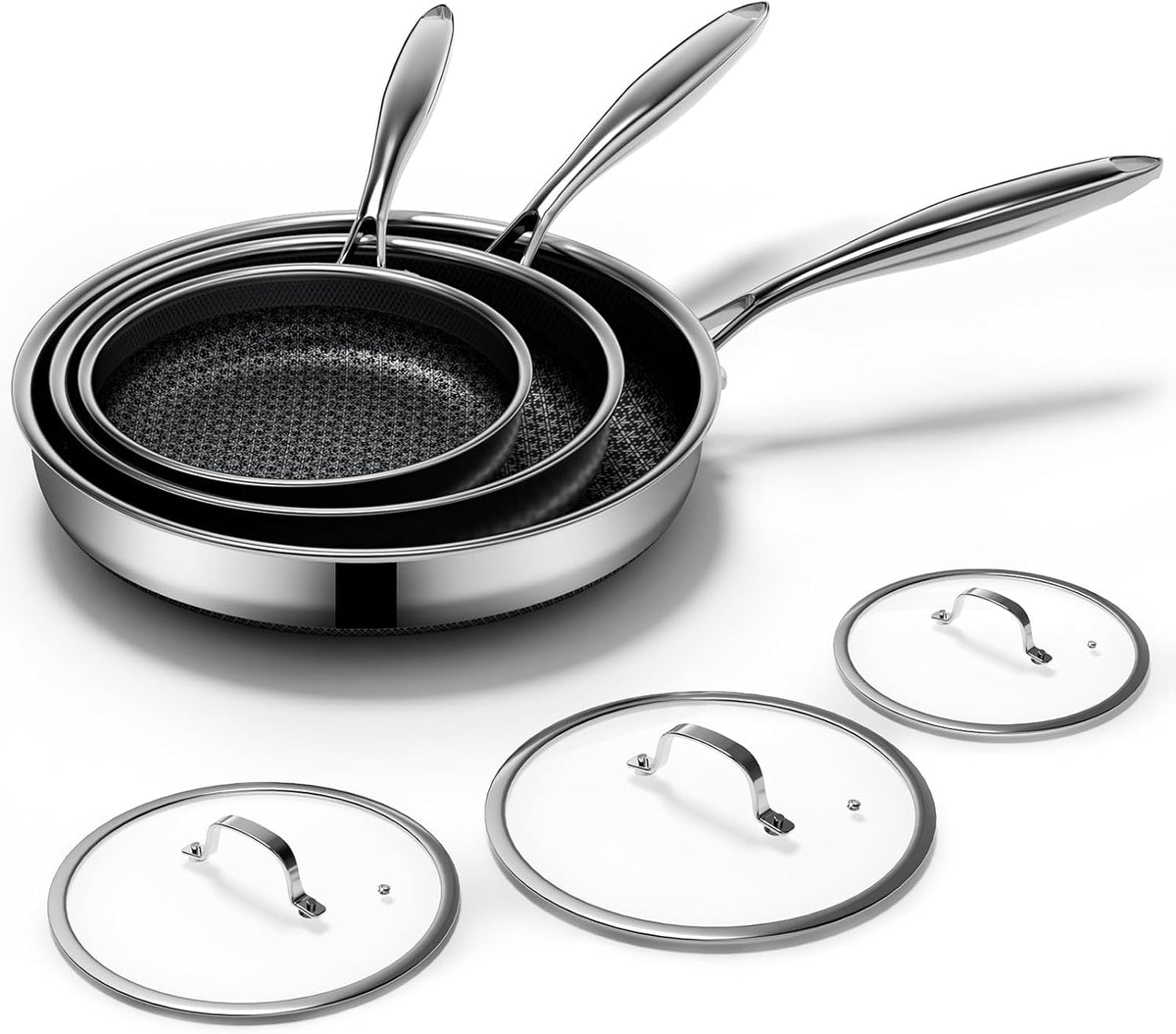 Non Stick Frying Pans Set with 3 Lid, Non-Toxic Hybrid Pans Set Nonstick (8+10+12inch),Pan for cooking, nonStick Cookware, Dishwasher and Oven-Safe Cookware Sets, Stainless Steel Skillets