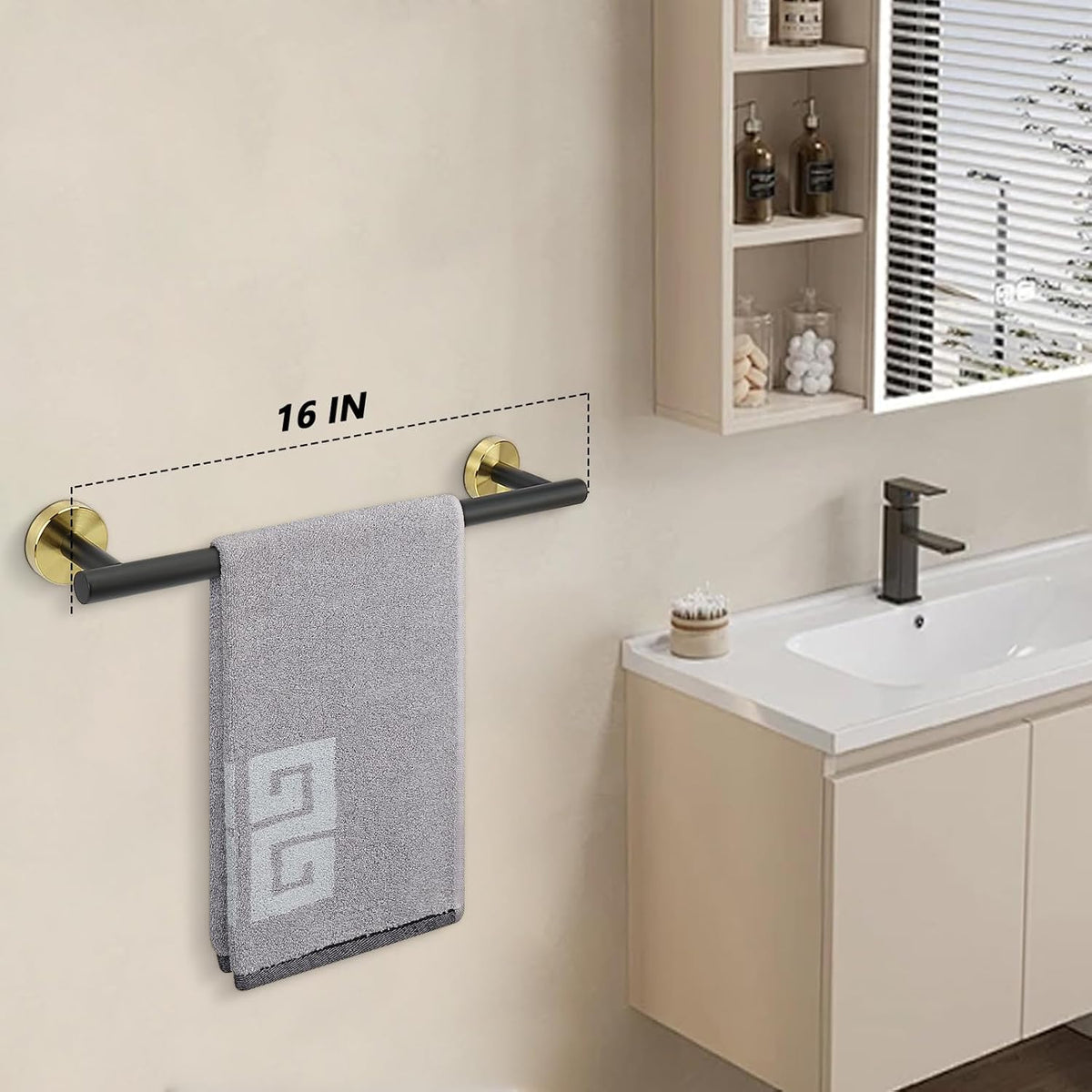 NearMoon Bath Towel Bar, Bath Accessories Thicken Stainless Steel Shower Towel Rack for Bathroom, Towel Holder Wall Mounted (1 Pack, Matte Black & Gold, 16 Inch)