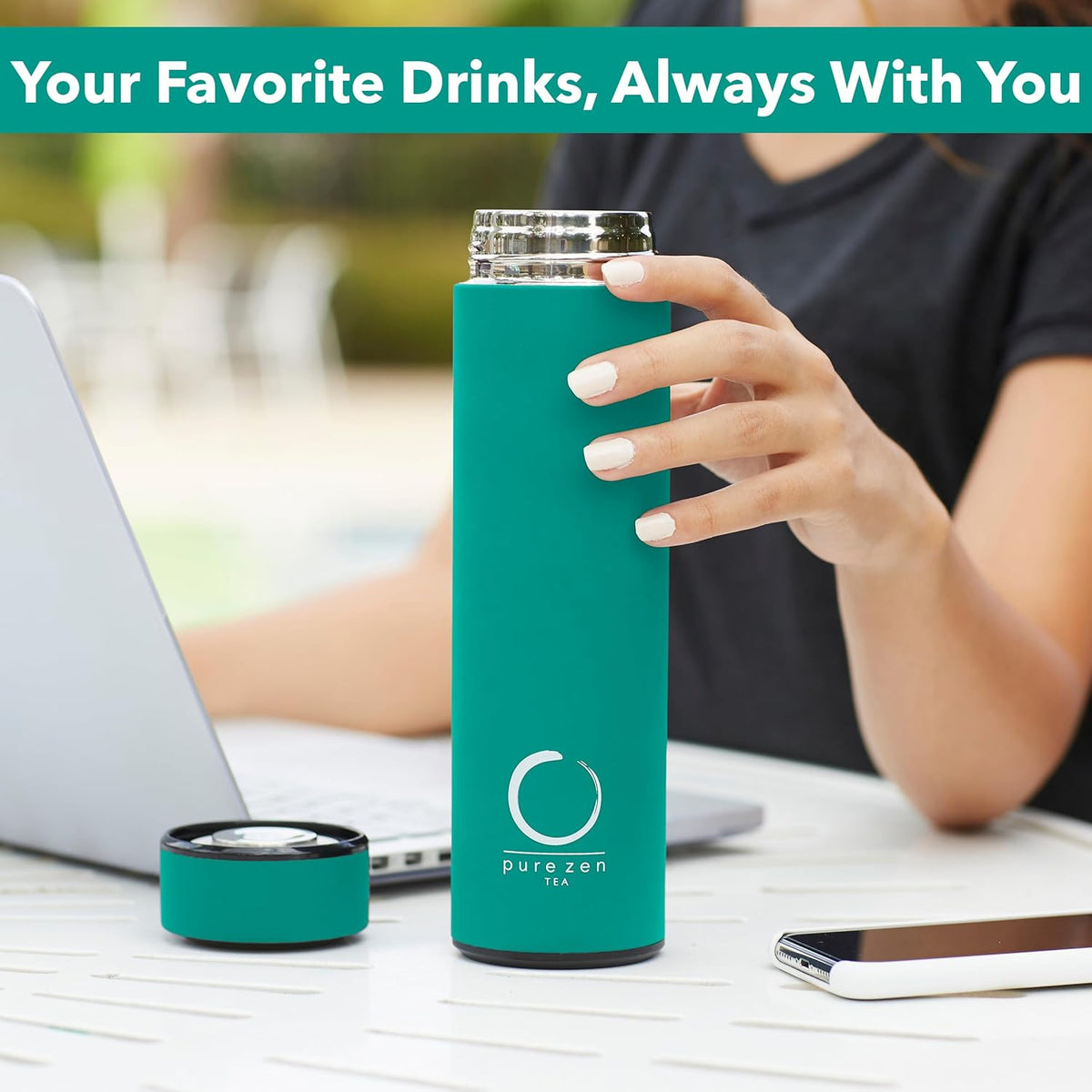 Pure Zen Tea Thermos with Infuser for Hot and Cold Infusions - Stainless Steel - Tea Infuser Bottle - Leakproof Travel Mug with Filter - 15oz