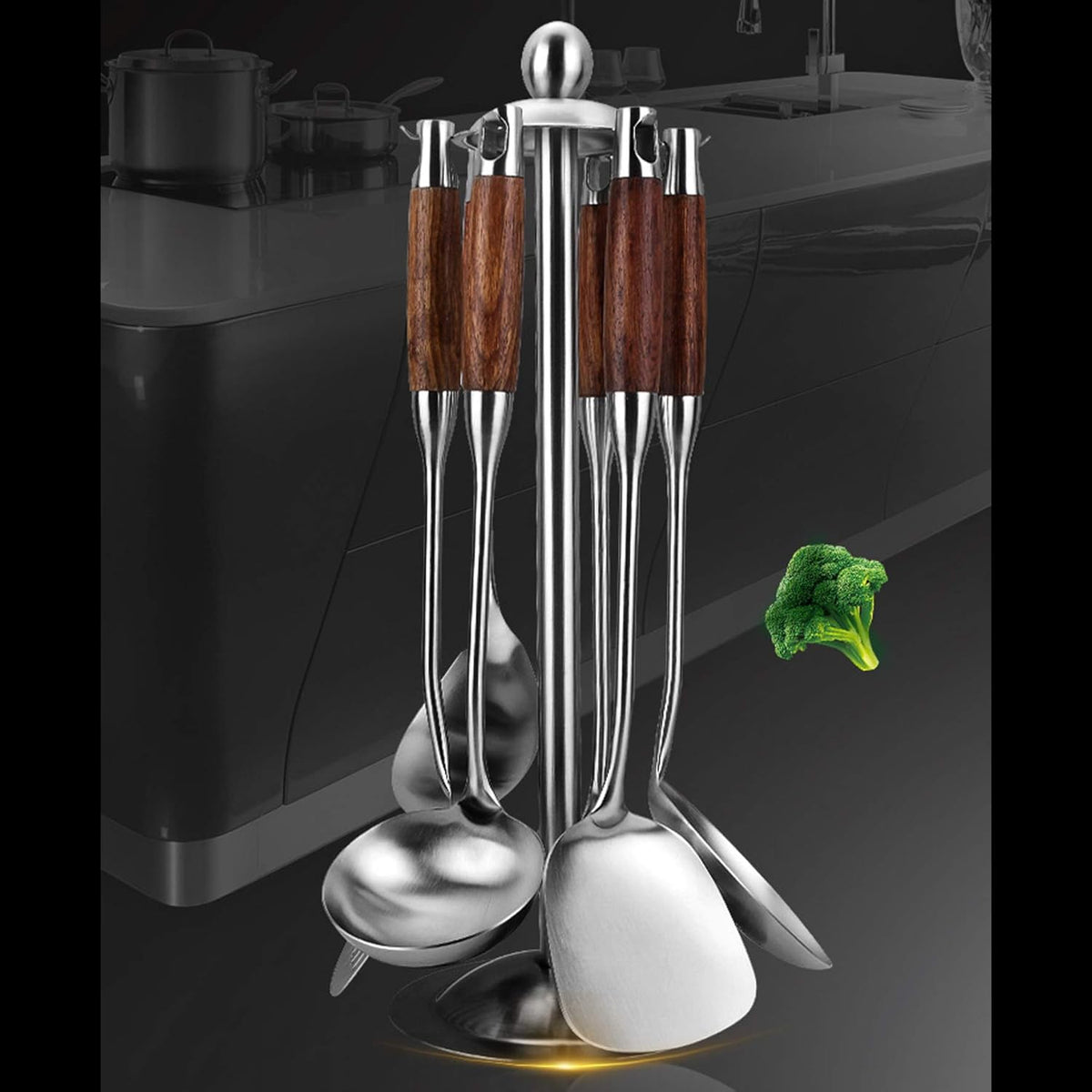 Cooking Utensils Set,7pcs 304 Stainless Steel Kitchen Utensils Set with Holder,Heat Resistant Wooden Handle Kitchen Tools