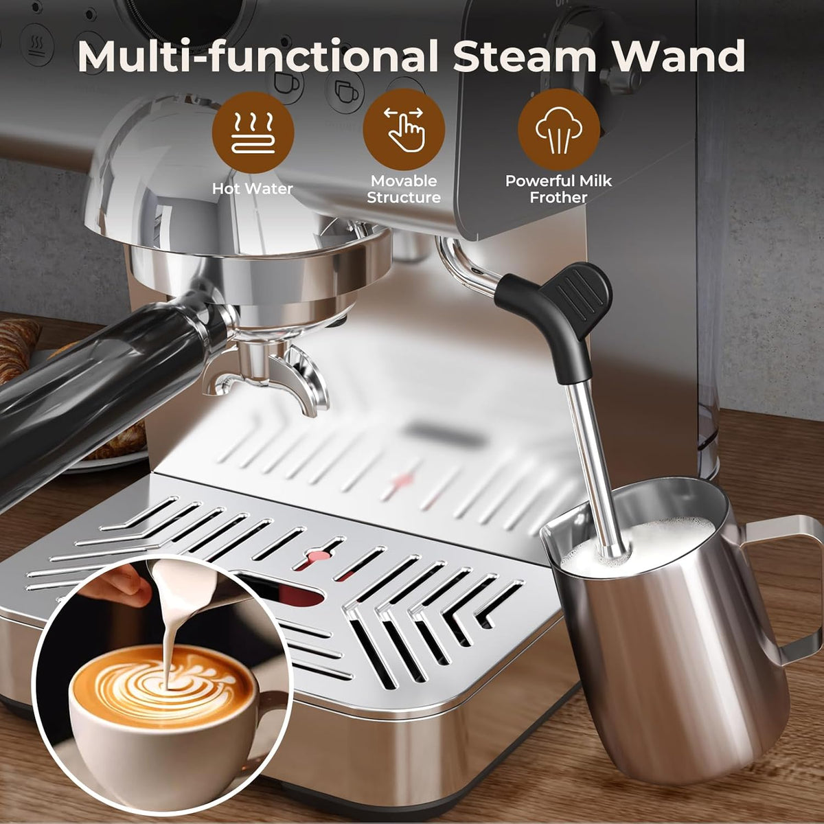 20 Bar Espresso Machine with Cold Brew,Stainless Steel Espresso Coffee Maker with Milk Frother,Latte & Cappuccino Machine for Home,50 oz Removable Water Tank,Dual-Temperature,Semi-Automatic