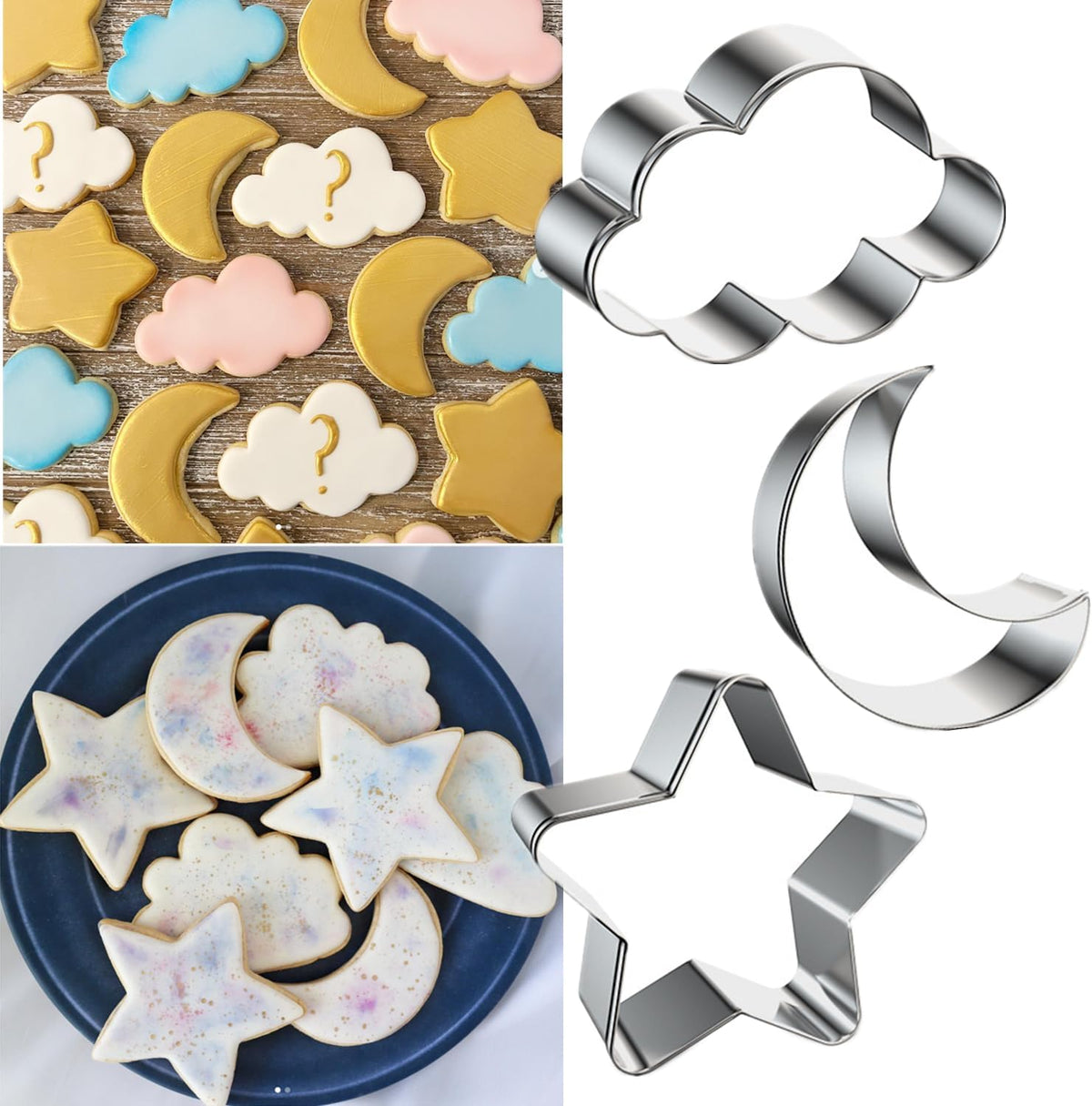 3 Pieces Star, Moon and Cloud Cookie Cutters Stainless Steel Biscuit Cutters Molds Shapes for Baby Shower or Gender Reveal Party