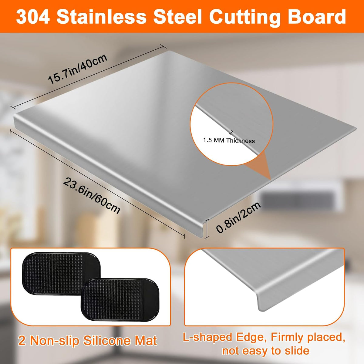 304 Stainless Steel Cutting Board with 2 Pack Non-Slip Mats, Yoposeo Heavy Duty Baking Cutting Chopping Boards for Kitchen, Meat, Fruits, Vegetables, Bread and Baking (23.6" X 15.7"/ 60 X 40cm)