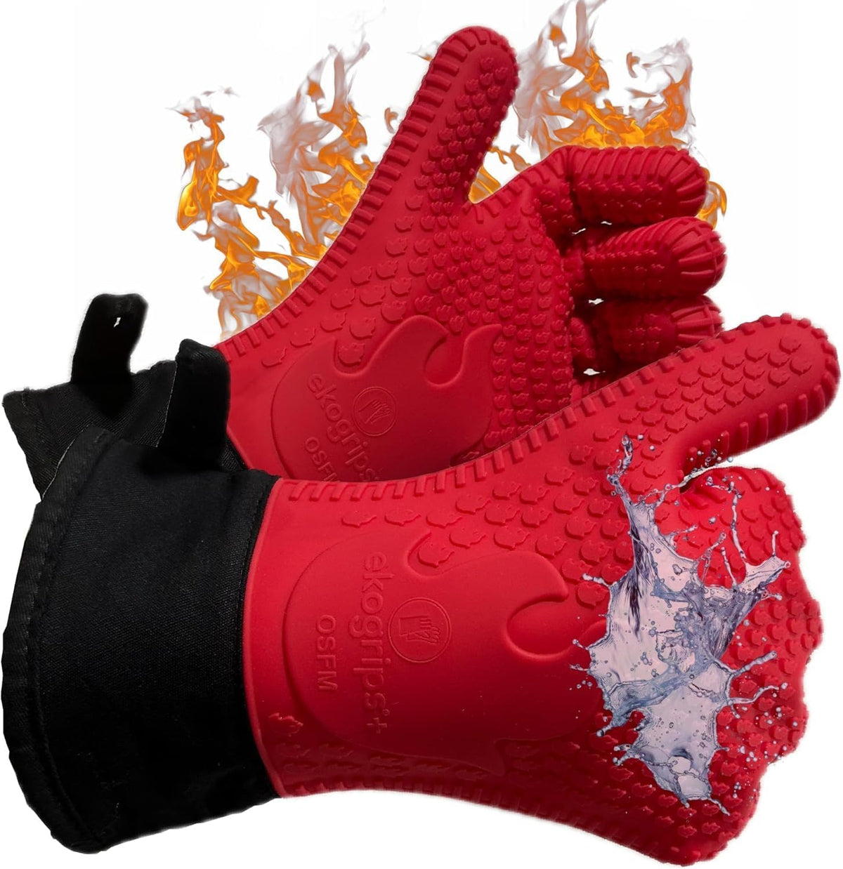 Ekogrips+ Premium Silicone Oven Mitts - Comfy, Waterproof, Heat Resistant BBQ Gloves for Grilling, Long Cuff for Added Protection, 5 Finger Dexterity, 3 Sizes, 4 Colors, S/M, Red